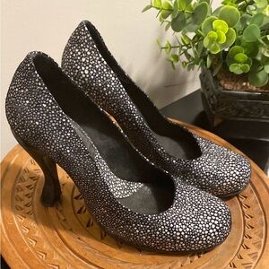 John Fluevog Black and White Heels with Striking Design